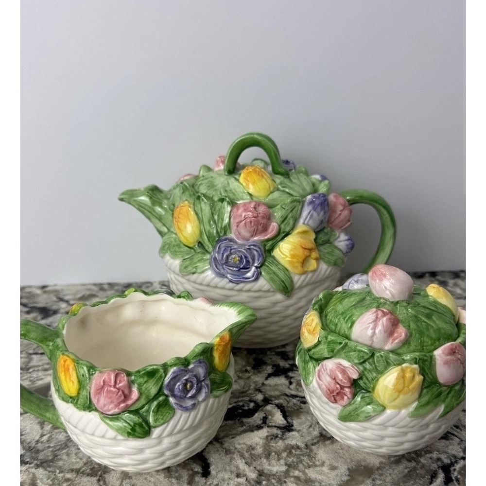 Mary Ann Baker Otagirl Spring Floral Basket Weave Teapot Cream Sugar VTG Easter